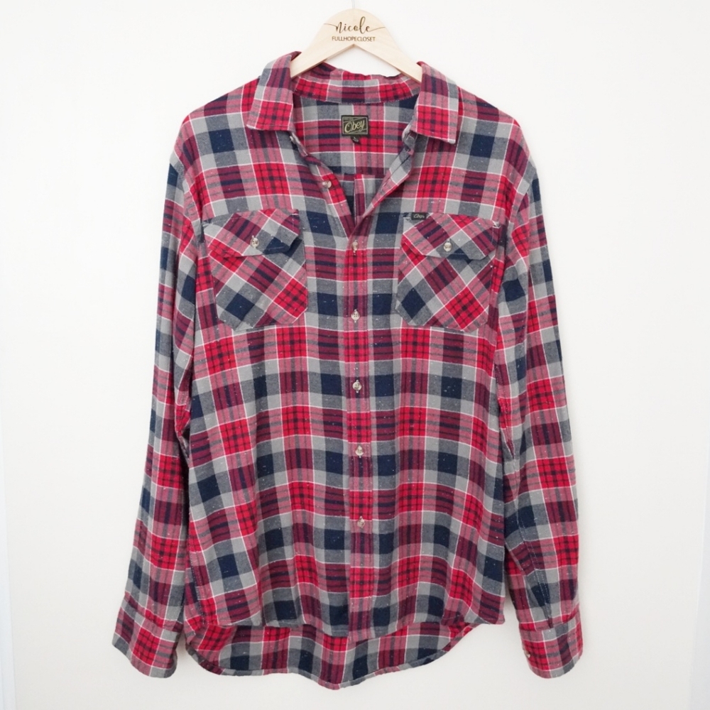 Obey Red Cozy Flannel Long Sleeve Button Up
